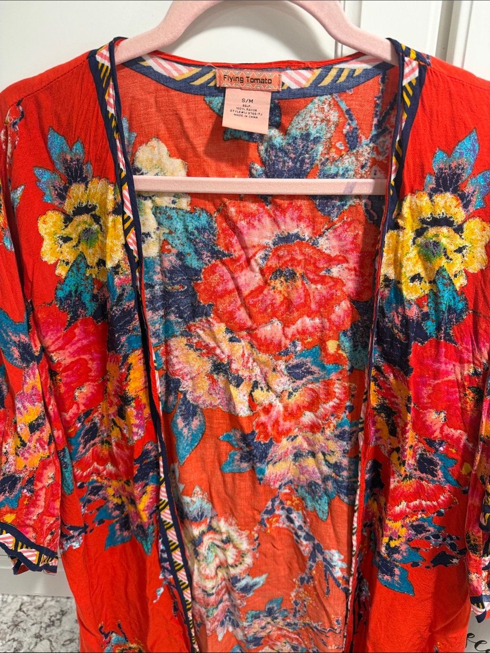 Flying Tomato Coral-Red Floral Open Front Kimono